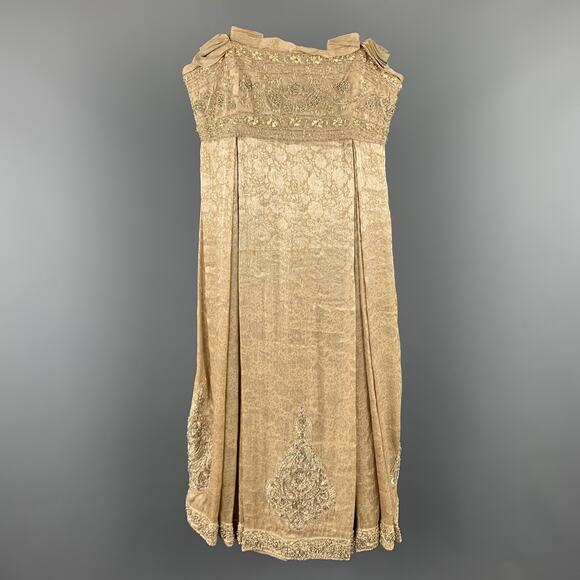 MARCHESA Size 6 Beige Metallic Floral Silk Beaded Strapless Cocktail Dress - Picture 1 of 9